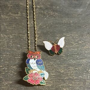 Colorful Owl Cloisonné Necklace /‎ Brooch and Butterfly Pendant Set